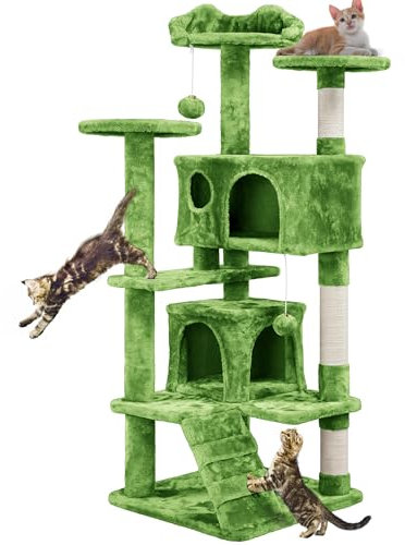 Yaheetech Árbol Rascador para Gatos 139cm con 3 Plataformas 2 nidos 2 Pompones Torre de Escalador con Postes en Sisal Ideal para 3-4 Gatos Verde