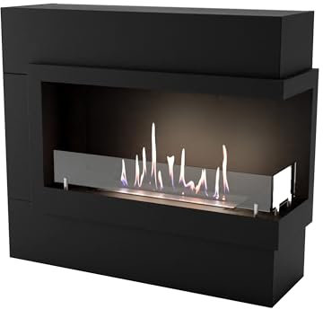 GLOW FIRE Ethanol Kamin Halden MINI rechtsoffen (Standkamin) - Bioethanol Kaminofen für Indoor mit Holz-Fassade, 3 h Brenndauer, über 2kW Heizleistung, 90 x 80 x 30 cm - Schwarz