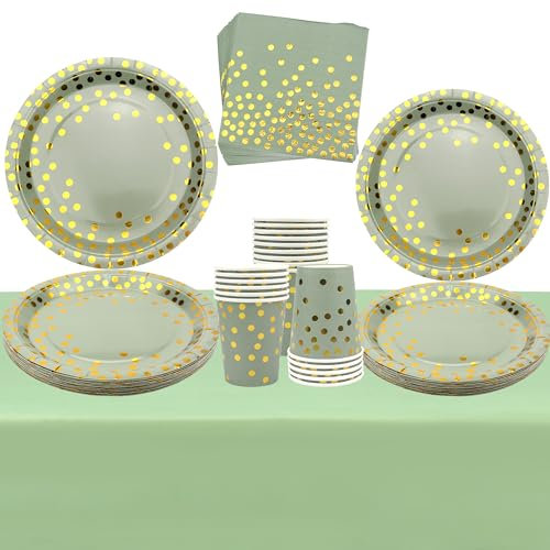 Kit di stoviglie per feste a pois verdi per 20 ospiti, inclusi piatti, striscione, bicchieri, tovaglioli, cannucce, tovaglie, decorazioni per feste di compleanno, baby shower, matrimonio e laurea.