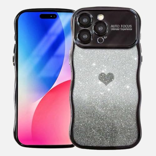 Skyhewen for iPhone 12 Case, Cute Curly Wave Frame Case for Girls Women, Transparent Soft Silicone TPU Bumper with Lens Protector & Detachable Shiny Love Glitter Film for iPhone 12, Black