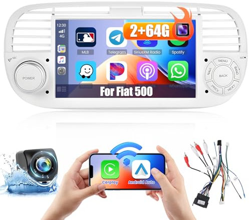 [2+64GB] Android 13 Autoradio, CarPlay Android Auto Wireless, für FIAT 500 (2007-2015) Radio, Bildschrim Display 7, Bluetooth Freisprecheinrichtung, GPS WiFi FM RDS EQ Rückfahrkamera Weiß