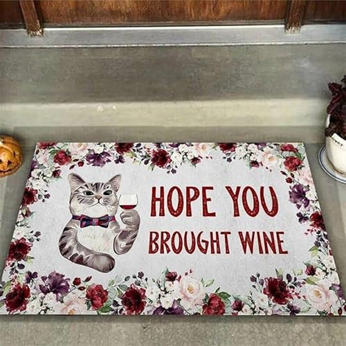 MIAOMANSENSTORE Fußmatte innen außen fussmatte Cat Welcome Hope You Brought Wine Fußmatte, Cat Flower Home Fußmatte Deko Wohnzimmer