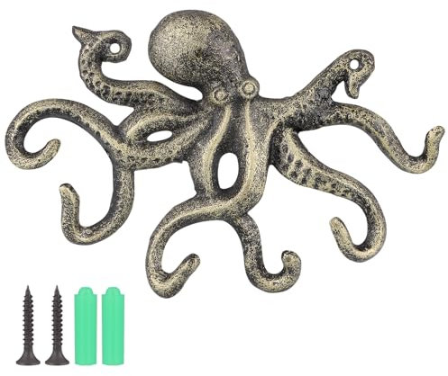 BIMUYI Cast Iron Octopus Hook, Decorative Key Holder, Antique Coat Hanger (Bronze)