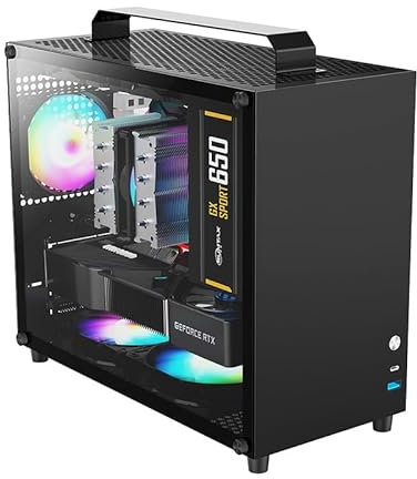 ALAMENGDA V500 Mini Portable M-ATX/ITX Computer Case, MINI-Tower CASE, Full Side Transparent DIY Desktop Case with Handle, Support 320MM GPU Size(Black)