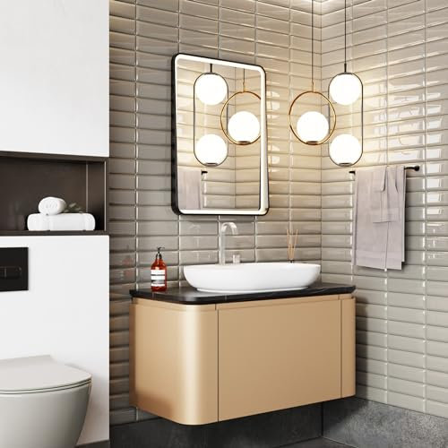 KAREN banyo Badezimmermöbel Set 3 teilig Moon | Keramikwaschbecken | Spiegel mit LED-Beleuchtung | Unterschrank | Softclose-Schubladen | unsichtbare Griffe| Futuristischer Stil| Badmöbel Waschtisch