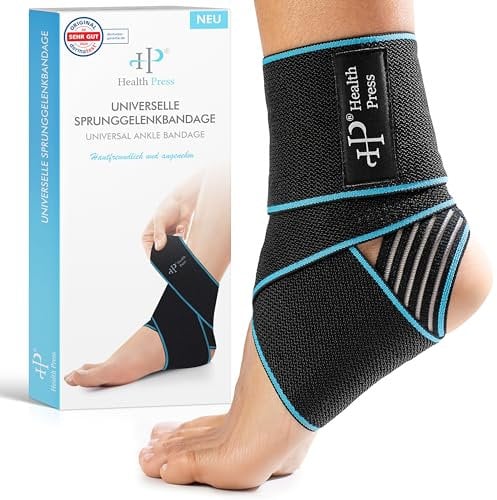 Health Press® Universelle Sprunggelenkbandage – 1x Knöchelbandage – Zur erhöhten Stabilisierung & Entlastung des Sprunggelenks – Stützende Bandage fürs Fußgelenk – Verstellbare Fußbandage