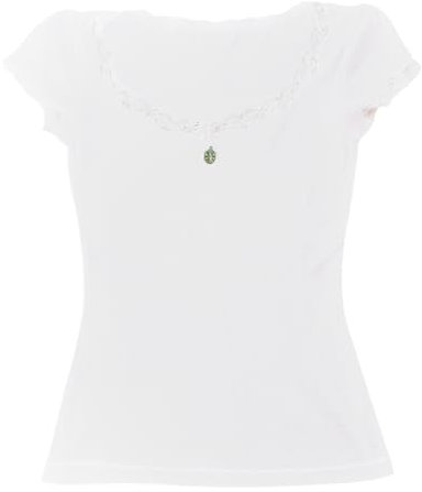 Y2k Long Sleeve Lace Crop Top Fairy Grunge Tee Shirt Patchwork Slim Fit T-Shirt Cute Kawaii Aesthetic Streetwear Fake 2 Piece Tops (White-b, S)