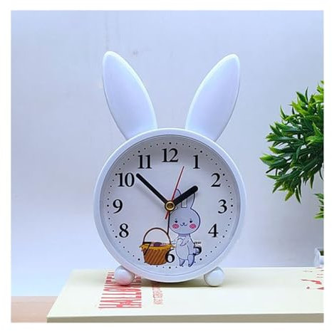 CALQYSH Réveil analogique Réveil Lapin Dessin animé décoration de Chevet de Chambre à Coucher Simple muet Petit réveil réveil étudiant Réveils pour Enfants(Blanc)