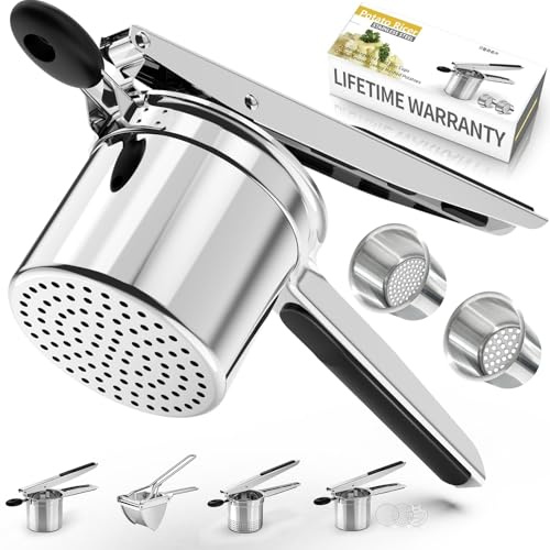 SPEENSUN Potato Ricer, 15oz & 2 Interchangeable Fixed Discs, Heavy Duty Stainless Steel, Silicone Handle, Silver