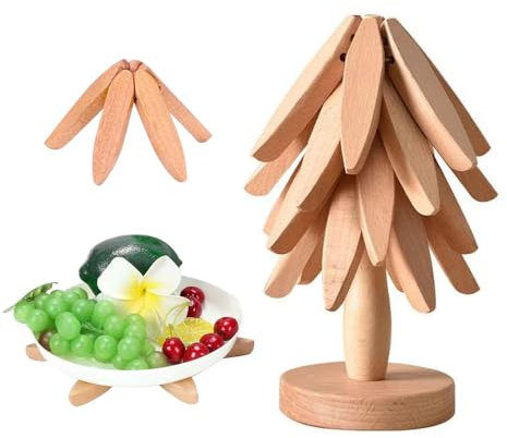 KBIBCK Tree Shape Trivet Set, 4 Pcs Wooden Trivets for Hot Dishes, wooden tree coasters, Wooden trivet tree, Anti Scald Mat Table Mat, Foldable Pads for Kitchen Accessories, 3 Wooden Trivet+1 Stand