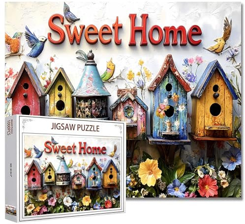 Schöne Vogelhäuser Display Jigsaw Puzzles 1000 Stück für Erwachsene, Bunte Verschiedene Vogelhäuser 20''x27''Inch Garten Vogel Sweet Home Zeichen Puzzle Kunst für Vogelhaus Thema Puzzle Liebhaber