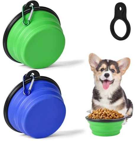 Adiwo 2PCS Dog Bowls, Foldable Travel Bowl, Leak-Proof Dog Bowl, Pet Food Feeding Bowl, Portable, with Mountaineering Carabiner for Cats, Dogs and Pets, for Water and Food (350 ml, Blue and Green)