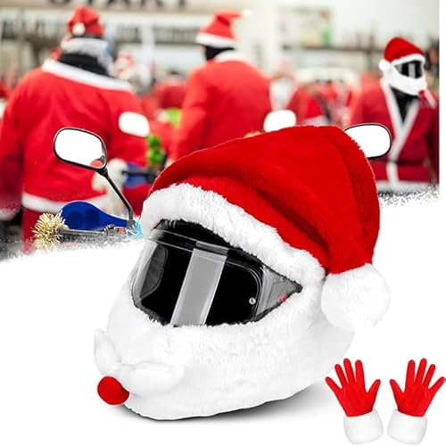 Cubierta para casco de motocicleta de Papá Noel, gorro de Papá Noel con 1 par de guantes de Papá Noel, funda para casco de moto, color rojo (rojo)