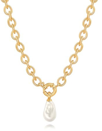 KOOUNUATA Dainty 18K Gold Chunky Link Oval Chain Baroque Pearl Necklace for Women Sailor Clasp Necklace Layering Jewelry