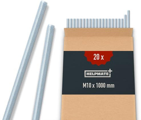HELPMATE – Gewindestange M10 x 1000 mm aus verzinktem Stahl – 20 Stück Gewindestab mit metrischem Vollgewinde – Gewindestift mit Festigkeitsklasse 4.8, DIN 976