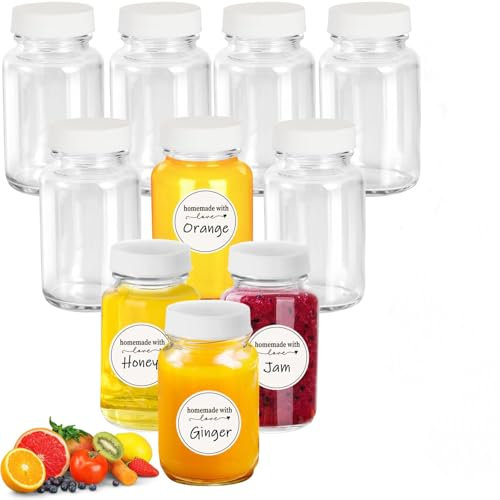 Neuytiky 10 Stück 60ml Kleine Glasflaschen mit Breitem Mund, Mini Shot Glasflaschen mit Deckel, Mehrweg Mini-Flaschen Gläser, für Saft, Ingwer, Schnaps