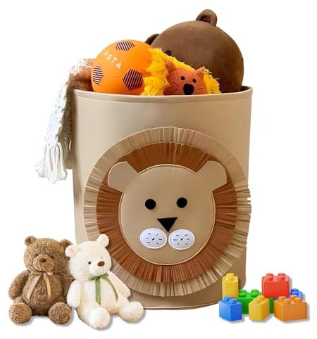 1Pcs Cute patterns 35cm*35 of cmtoy basket, Generic Foldable Animal Print Brown Nursery Storage Basket, Applicable to for Kids Toys Room, Easy Carry Handles - Toy Box for Children's Room (lions)