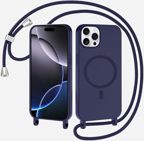 SLWYF Magnetische Handykette für iPhone 12 Pro Max Hülle mit Band, Handyhülle Kompatibel mit MagSafe, Silikon Seil Necklace Handyhülle PU Stoßfest mit Abnehmbar Kordel zum Umhängen Case - Dunkelblau