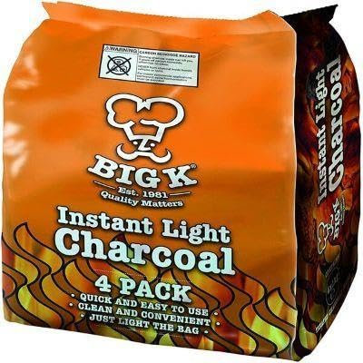 Bigg K Instant Light Lumpwood Charcoal - 4 x 1kg Bag | Natural BBQ Charcoal for Grilling | Fast Ignition & High Heat | Long-Lasting Burn | 100% Hardwood