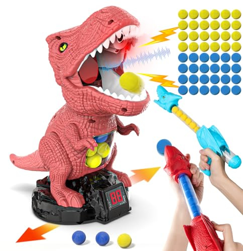 Dinosaur Shooting Toy for Boys Girls, Movable Target Shooting Games with 2 Air Pump Launcher, 48 Foam Balls, LED Score Record, Spray Effect & Sound, Competition Game Gift for Kids 5 6+ (Red)