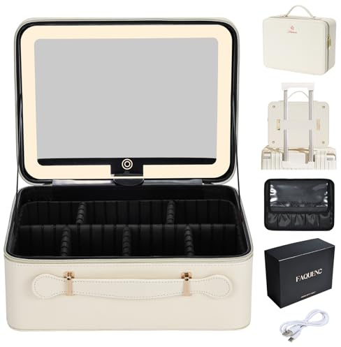 Large Makeup Case with LED Mirror Vanity Case Removable Light Up Mirror | PU Leather Portable Makeup Artist Carry Vanity Box with Dividers Makeup Brush Holder, White