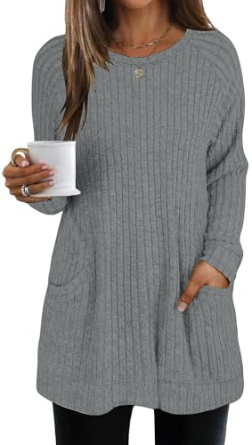 AMDOLE Womens Tops Long Sleeve Tunics Top for Women Casual Solid Color Oversized Long Jumper Crew Neck Sweatshirt with Pockets Knit Sweaters Long Tops to Wear with Leggings Dark Gray L
