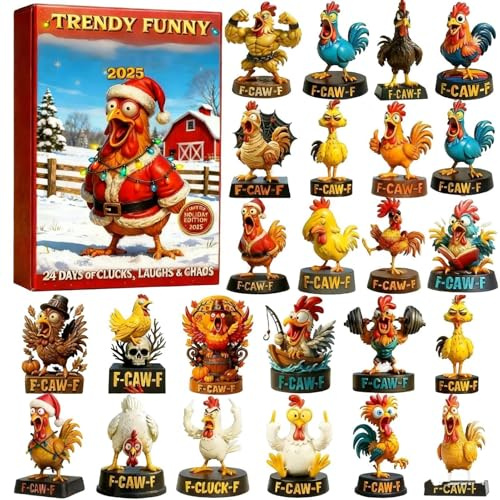 Lustige Hühner Adventskalender 2025, 24 Tage Weihnachten Countdown Kalender mit 2D Acryl Küken Ornamente Weihnachtsdekorationen für Baum Fenster Wand Tür Auto