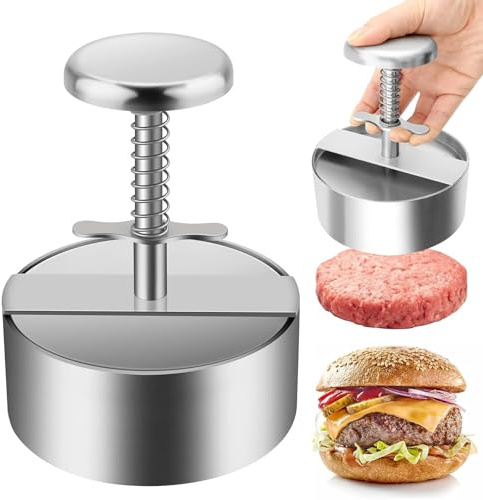 GREATRICH Smash Burgerpresse Edelstahl, XXL Burger Patty Presse und Burger Smasher aus 304 Edelstahl, 14cm Hamburgerpresse mit Entlastungsfeder & Trennbarkeit, Spülmaschinengeeignet