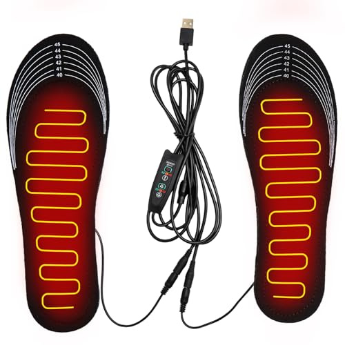 USB Heizsohlen für Schuhe - 3 Heizstufen, Zuschneidbar für EU 40-46 - Wiederverwendbare Fußwärmer mit Temperaturregler für Männer und Frauen - Ideal für Wandern, Arbeit und Camping