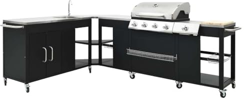 HOEK DE & AT Gasgrill-Set 4+1 mit Edelstahl-Spüle und Holzschneidebrett – Profi Outdoor-Küche aus robustem Stahl und Edelstahl, mobil mit Laufrollen, inklusive