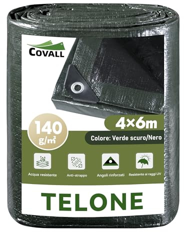 COVALL telo impermeabile resistente rinforzato 4mx6m,140g/㎡ plastica telone | Resistente UV e strappo, occhielli rinforzati, multiuso per camion, auto, giardino, tetto, campeggio e arredi terrazzo