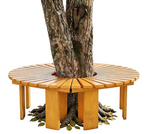 Gaommini Outdoor-Bänke, umlaufender Baumsitz, Halbrunder Terrassensitz mit Massivholzrahmen, Gebogene Baumbank, Allwetter-Pflanzenständer(Braun,Round)