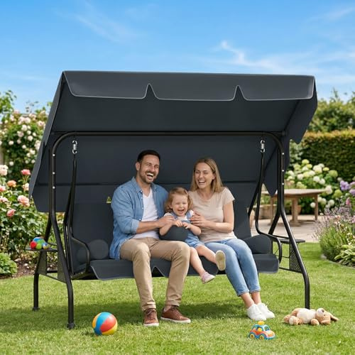 UISEBRT 3-Sitzer Hollywoodschaukel mit Liegefunktion,Gartenschaukel mit Verstellbare Sonnendach,2 Kissen, 2 Tabletts,Outdoor Schaukelbank bis 350kg belastbar für Garten, Pool, Terrasse,Grau