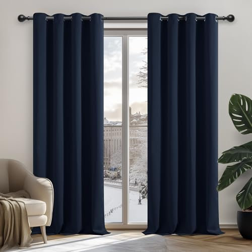 Deconovo Blickdichter Vorhang mit Kälteschutz Wohnzimmer Blickdicht Verdunkelungsgardine, 138x132cm(HöhexBreite), Dunkelblau, 2er Set