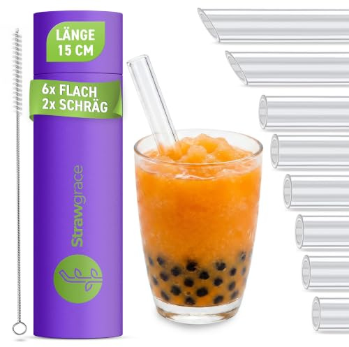 STRAWGRACE 8x Bubble Tea Glasstrohhalme 15 cm [ 2 Stück mit schrägem Ende] - Innendurchmesser: 11 mm | Außendurchmesser 14 mm - Strohhalme Glas - Strohhalme Glas Wiederverwendbar - Glasstrohhalme kurz