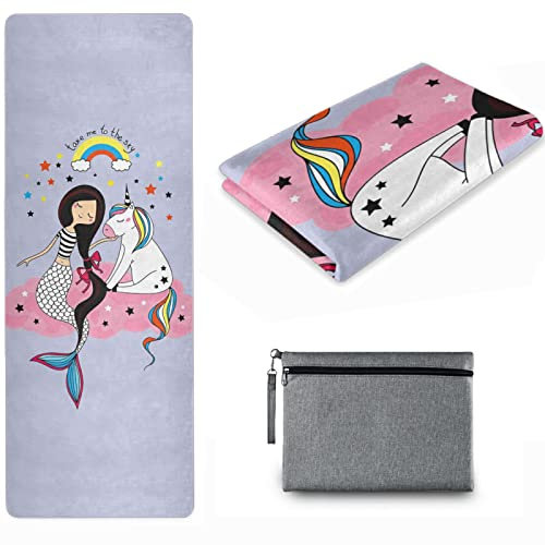 Naanle Meerjungfrau-Einhorn-Yogamatte mit Tragetasche, fantastische Meerjungfrau-Übungsmatte, faltbar, rutschfest, leicht, für Zuhause, Gymnastik, Yoga, Pilates, Stretching Boden, Fitness, 180 x 66 cm