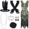 FEPITO Flapper-Kleider im Stil der 1920er Jahre für Damen, mit Fransen und Pailletten besetztes Great Gatsby-Kleid für Damen mit Accessoires im Stil der 20er Jahre(green（style 3）, XLarge)