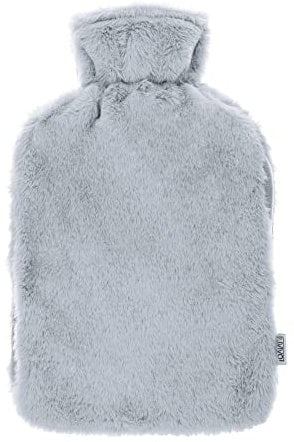 LIVIVO 2L Hot Water Bottle with Insulating Cover and Pockets for Hands - Keep Cosy and Warm (Grey Faux-Fur)