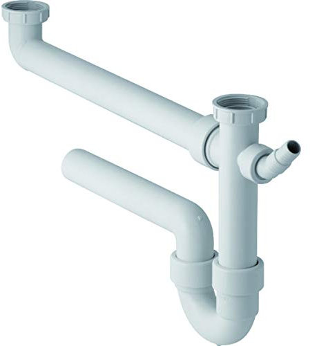 Geberit 152.597.11.1 Siphon incurvé pour deux éviers, avec porte-caoutchouc en caoutchouc, extra-long, vidage horizontal, couleur blanc