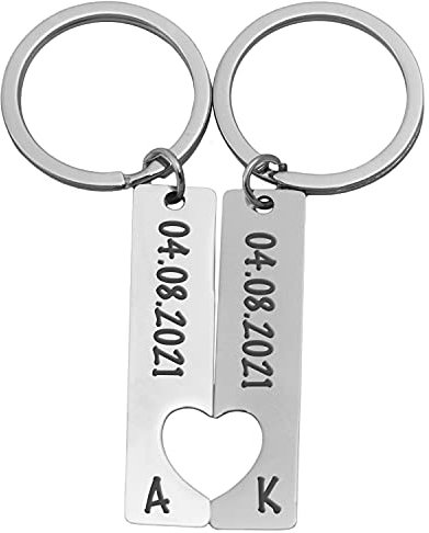 Partner Schlüsselanhänger Personalisiert | 2er Set mit Gravur Datum und Namen | Geschenk zum Jahrestag Valentinstag Geburtstag für ihn und sie | Anhänger mit Herz Männer und Frauen | Silber