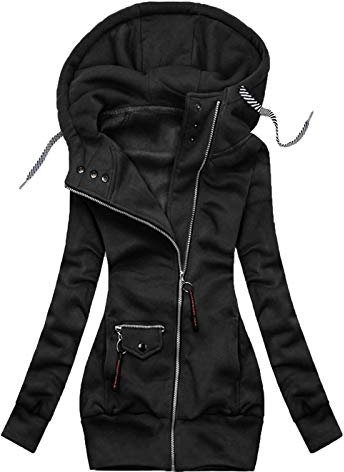 Fanyfuny Longpullover für Damen Kapuze Übergangsjacke Leicht Parka Outdoorjacke mit Einstellbarer Kordelzug Mäntel Winddichte Kapuzenjacke Reißverschluss Sweatshirt Casual Langarm Kapuzenpullover
