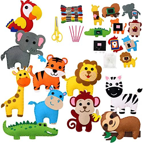 Nähset Kinder ab 6 Jahre, Filztiere Nähen Set für Anfänger Mädchen Jungen, kreativ DIY Bastelset Kinder mit farbige Stickgarn Plastiknadeln Schere Füllwatte Nähzeug, Animals Sewing Kit (Waldtier)