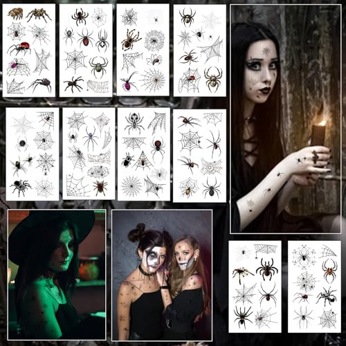 Araignée Tatouage Temporaire, 10 Feuilles Halloween Araignée Tatouages Temporaires, Tatouages d'araignées, Araignée Sticker Visage, pour Halloween Maquillage Carnaval Cosplay