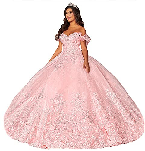 TSxuelian Princesse Douce 16 Hors De L'épaule Quinceanera Femmes Robes Appliques Dentelle Volants Robes De Mariée, Rose pâle, 42