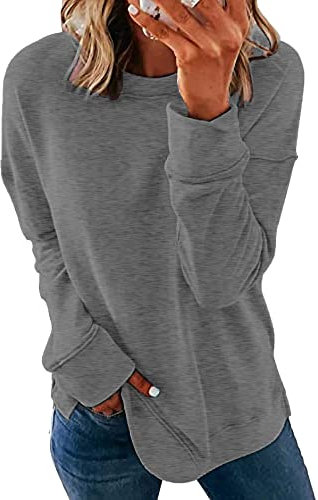 NEYOUQE Shirt Damen Pullover Langarm Einfarbig Gestreift Rundhals Longsleeve T-Shirts für Damen Sweatshirt Damen Grau M