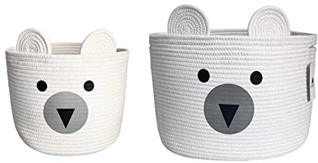 Bigepige Aufbewahrungskorb Kinder, Baby Spielzeug Baumwollseil Aufbewahrung Korb Geflochten, WäSchekorb Klein Faltbar Kinderzimmer Deko Basket Weiß Beige Bär