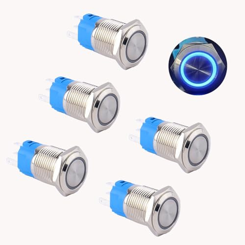 DMWD Lot de 5 boutons poussoirs à verrouillage 16 mm 12 V 24 V CC LED étanche anti-vandalisme coque en métal trou de montage 1,6 cm 1NO1NC ON-OFF (anneau halo lumière bleue)