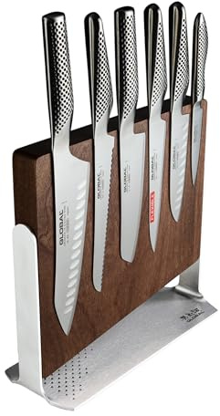 Global Water Mizu 7 Piece Knife Block Set Made in Japan, Magnetic Wooden Knife Rack: Chef’s Knife, Vegetable Chopper, Flexible Utility Knife, Santoku, Paring & Bread Knife, Japanese Knives G-WATER7B
