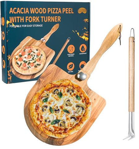 ILLIZONA Holz Pizza Peel & Turner Gabel Set, (30,5 cm x 30,5 cm) Faltbarer Griff Akazie Holz Pizza Paddel, Pizza Zubehör, Kochzubehör für Küche & Zuhause, Pizzaofen Backen, Teig, Brot & Gebäck
