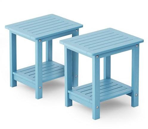 YEFU Outdoor-Beistelltisch für Terrasse: 40,6 cm (16 Zoll), wetterfest, Adirondack-Tische, 2er-Set, kleine quadratische Beistelltische für Hinterhof, Pool, Veranda, Balkon, Doppelschichttisch, Blau